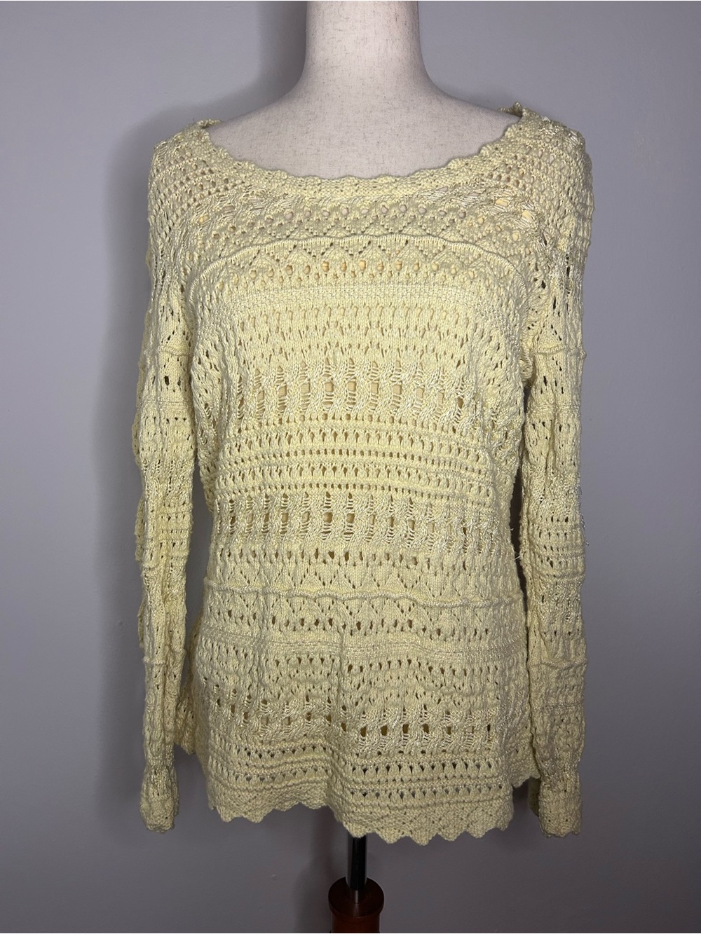 DANA BUCHMAN Light Yellow Crochet Cotton Knit Scoop Neck Sweater